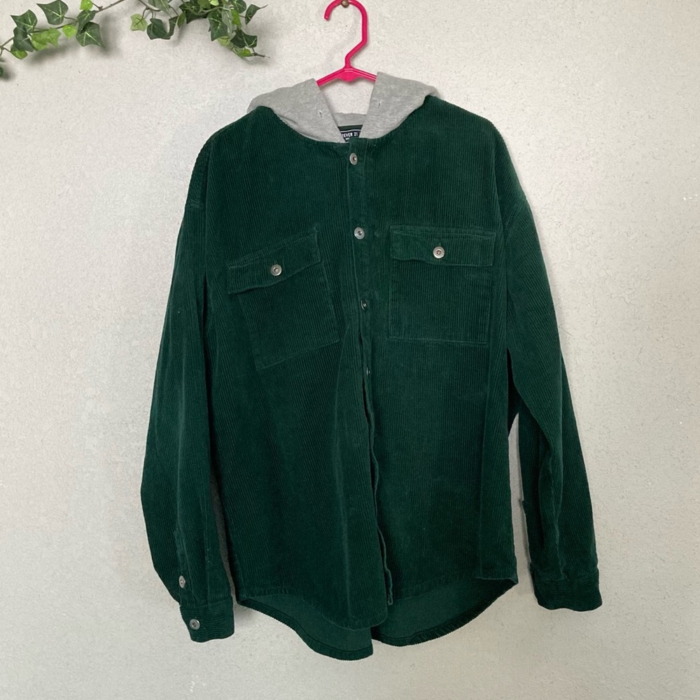 Green Hooded Button Down Corduroy Jacket